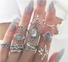 11 stks / set Vrouwen Boho Carving Bloemen Bladeren Water Drop Stars Crystals Gem Gong Ring Lady Party Silver Wedding Ring