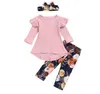 Bébé fille vêtements enfants fleurs florales ensembles de vêtements à volants tricotés hauts pantalons bandeau tenues solide T-shirt tailleur-pantalon bandeau costumes B6992