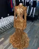 Arabisch Aso Ebi Gold Abend Festzug Kleider 2021 Real Image Luxus Feder Langarm High Neck Meerjungfrau Prom Empfang Kleid 7283970