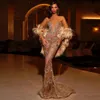 Sexy Crystal Crystaled Tassel Champagne формальные вечерние партии платья с длинным рукавом видят, хотя роскошные платья выпускного вечера халат де Саирее