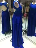 2019 prawdziwe zdjęcia Royal Blue Długie Długie Druhna Sukienka Szyfonowa Koronka Bez Rękawów Backless Formalna Guest Honor Gown Plus Size Custom