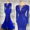 2020 럭셔리 로얄 블루 이브닝 드레스 페르시 크리스탈 깎아 지른 목걸이 인어 아랍 아소 에비 파티 가운 공식적인 드레스 착용