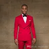 Slim Fit Kırmızı Damat smokin Groomsmen Şal Yaka Çift Breasted Sağdıç Suits Mens Düğün Suit (Ceket + Pantolon + Yaylar Tie)