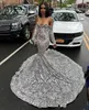 Luxury Silver Sequined Long Sleeve Mermaid Prom Dress for Black Girls Plus Size Court Train African Evening Dresses 2020231i