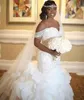 High Quality 2020 African Mermaid Wedding Dress Off The Shoulder Neckline Beaded Lace Bodice Ruffles Skirt Court Train Bridal Gowns India