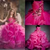 자홍색 공주 작은 여자 미인 드레스 2020 스파게티 스트랩 백리스 프릴 구슬 꽃 소녀 드레스 공식 파티 가운 AL3911