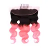 Capelli umani malesi Ombre Rose Gold Body Wave 3 Bundles con frontale # 1B / Ombre rosa capelli umani tesse con chiusura frontale in pizzo 13x4