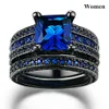 Couple Jewelry - Men's 8mm width Blue Line Stripe Tungsten Carbide Ring Women's 14kt Black Gold Filled Natural Sapphire 217z