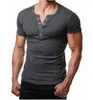 Erkek T-Shirt Erkek T Gömlek Erkekler Yaz Moda V Boyun Kısa Kollu Tee Homme Casual Slim Fit Metal Düğme Tasarım XXL