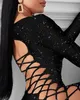 Seksi Glitter Dantel-Up Sequins Elbise Bodycon Elbise Artı Boyutu Kadın Giyim