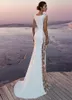 Summer White Bohemian Beach Mermaid Wedding Dresses 2019 Lace Satin Jewel Lapel Bridal Glowns Sweep Train Long Mermaid Dress326f