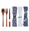 3ピース/セット自然木製食器衣装セット竹のフォークのお箸スープティースプーンケータリングカトラリーセット布袋の携帯用食器セット