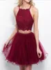 Burgundy Appliques Tulle Homecoming Dresses Beaded Piping Formal Party Gowns Two Pieces Short Prom Dresses 8th Grade Girls Cocktail Dresses