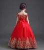 Elegante rosso principessa fiore ragazze abiti con spalle scoperte applique pavimento lunghezza abito da ballo abiti da spettacolo per adolescenti bambine Flo243R