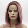 Iwona Cabelo Em Linha Reta Curto Raiz Escura Rosa Ombre Peruca 1 # 1/2334 Metade Mão Amarrada Resistente Ao Calor Dianteira Do Laço Sintético Perucas