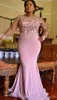 2019 Blush Rosa Långärmade Prom Klänningar Illusion Mermaid Handgjorda Blommor Beaded Sweep Train Formal Evening Party Gowns Gratis Shipping