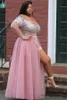 Pink Plus Size Prom Dresses Off Shoulder Beads Long Sleeves Sequins Tulle Cocktail Party Gowns Floor Length Side Split Short Evening Dresses