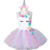 Flower Girls Unicorn Tutu Dress Pastel Rainbow Princess Girls Birthday Party Dress Children Kids Halloween Costume 2-12Y