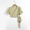 2020 Spring Vintage Yellow Floral Print Shirt Retro Short Sleeve Bandage Bow Short V-Neck Lacing Up Tie Bow Cardigan Blouse