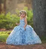 3D 꽃 화려한 바닥 긴 꽃의 소녀 드레스 2019 부드러운 파란색 작은 소녀 미인 대회 복장 뒤로 유아 맞춤 레이스