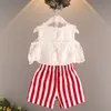 2019 Summer New Korean Lace Shoulder top with striped shorts Two children039s suits One hair replacement Q07018136595