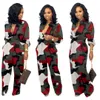 Kvinnor Camouflage Printed Plus Storlek Långärmad Bodycon Jumpsuit Casual Wrap Belt Button Down Female Total Jumpsuits Party Club Rompers