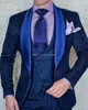 Slim Fit Men Garnitury Navy Blue Wzór Groom Tuxedos Szal Satin Lapel Groomsmen Ślub Best Man (Kurtka + Spodnie + Kamizelka + Krawat) L407