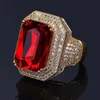 Iced Out Ruby Pierścionki Dla Mężczyzn Luksusowy Designer Męski Bling Diamond Ring Miedzi Cyrkon 18K Pozłacany Zaręczyny Ślubny Złoto Gem Biżuteria