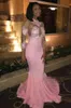 2019 New Custom Made Pink Prom Dresses Jewel Neck Illusion 3/4 Lace Long Sleeves Ruffles Sweep Train Mermaid Evening Special Occasion Gowns
