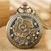 Bronze Antique Vintage Hollow Out Beauty Flower Quartz Pocket Watch Steampunk Women Analog Watches Timepiece Necklace Chain Clock Gift