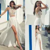 Abiti da sposa a-line da spiaggia gioiello collo illusione pizzo appliqued sexy abito da sposa boho abiti da sposa in chiffon su misura spaccature vestidos de novia