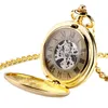 Antik retro lyxig gul guldsköld tittar på män kvinnor pocket watch mekanisk hand lindande fob pendel kedja klocktid G200k