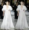 Zuhairmurad White Customized a Line Invinenct v Neck veck Shirt Sleeve Formal Dress Tulle Lace Sashes Feather Floor Length Bridesmaid Gown