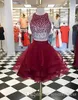 Robe de bal courte bordeaux 2020 deux pièces pas cher col bijou Bling corsage perlé volants jupes organza robes de soirée de retour robes formelles