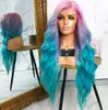 long gradient 3 colored pink violet blue ombre hair 100 human hair lace wig for party