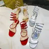 Sandalias de tacón grueso para mujer, sandalias de boda para fiesta, zapatos de cristales de verano, sandalias de punta abierta con tiras para mujer, estilo envolvente de serpiente