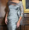 2020 New Distinctive Silver Sheath Mother of the Bride Dresses Off-shoulder Lace 3/4 Long Sleeves Short Knee-length evening Gowns 052