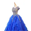 Gold Blue ruffles сладкие 16 платьев 30D цветочные аппликации из бисера с коротким рукавом Tulle Prom платья шариковые платья кулинарные платья квинкена на 15 лет девушки