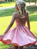 Short Lace Homecoming Dresses Sheer Neck Appliques Pleats Above Knee Length Satin Prom Dresses Graduation Gowns