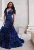 Royal Blue Prom Kleider Abendkleider sexy Deep v Hals Ärmel und Meerjungfrau Rüschen Organza -Rock formelle Partykleider Hy4071