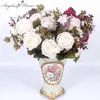 Wholesale-European 13 heads rich rose 1 Bouquet painting peony Artificial Vivid Peony Silk Flowers Fake Leaf Wedding Home Party Decoration