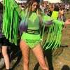 Mode für Damen, Bühnenkleidung, Göttinnen-Body mit Quasten und Fransen, fluoreszierendes neongrünes Einteiler-Bodysuit für Damen, sexy O-Ausschnitt, Netz, ausgehöhlt, Festival-Outfits, Rave-Kleidung