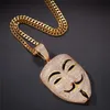 18K Gold Plated V for Vendetta Mask Pendant Necklace Iced Out Full Zircon Charm Mens Hip Hop Jewelry Gift