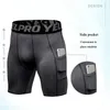 Linha de shorts de compressão de mens calça curta fisiculturismo magro Bodybuilding respirável homem fundo de bolso de aptidão