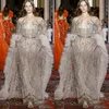 Zuhair Murad New Sparkly Evening Dresses With Fur Wraps Illusion Sheer Neck Crystal Celebrity Pageant Gowns Custom Long Sleeve Prom Dress