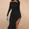 Kadınlar Slash Boyun Uzun Kollu Maxi Elbise 2019 Kış Tarafı Bölünmüş Bodycon Robe Seksi Doğum Günü Partisi Gece Sevimli Elbiseler