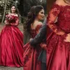 Bury Dark Red Ball Jurk Trouwjurken Off Schouder Lange mouwen Satijnen kanten Appliques Bloemen kralen plus size formele bruidsjurken 403