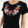 캐주얼 꽃 자수 여름 T - 셔츠 여성 패션 높은 코 튼 티 가을 탑 캐주얼 스트레치 니트 짧은 소매 펑크 티셔츠 트렌드