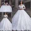 2019 Neue Arival Puffy Ballkleid Brautkleider Jewel Neck Long Sleeves Volle Spitze Applikationen Perlen Illusion Plus Size Formelle Brautkleider