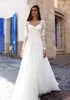 2018 Charming Lace Wedding Dresses With Long Sleeves A-Line V Neck Appliques Bridal Gowns Tulle Sweep Train Cheap Country Wedding Dress